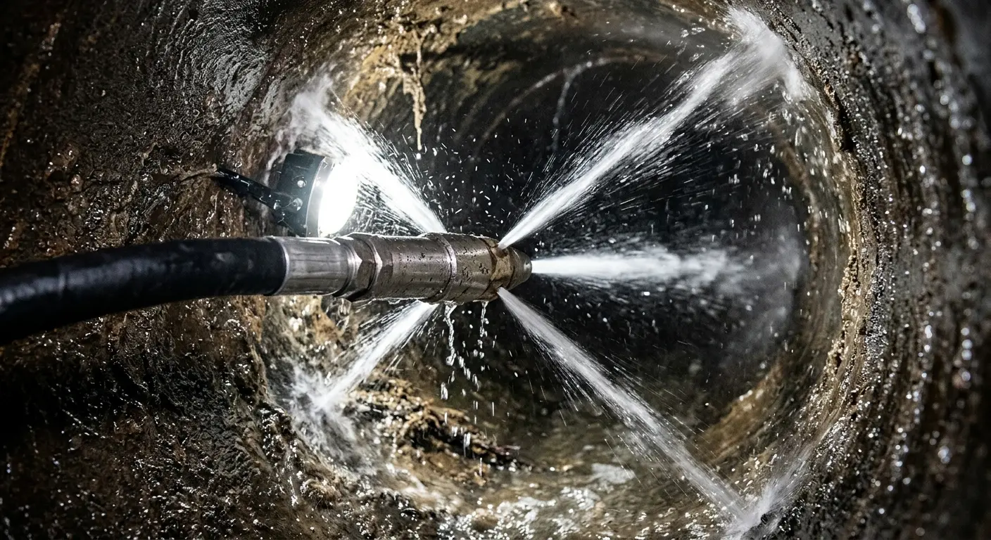 High-pressure hydro jetting nozzle cleaning sewer pipe for Trenchless Sewer Repair in Washington