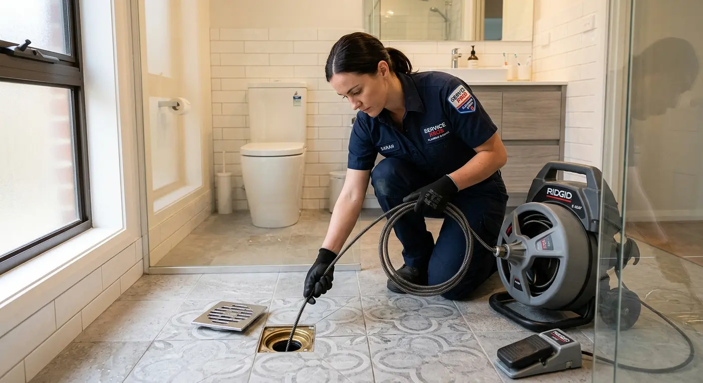 Technician clearing a bathroom floor drain for Sewer Line Installation in Washington